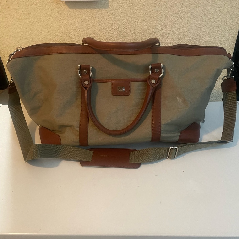 Tan and Brown Duffel Bag with Leather Accents